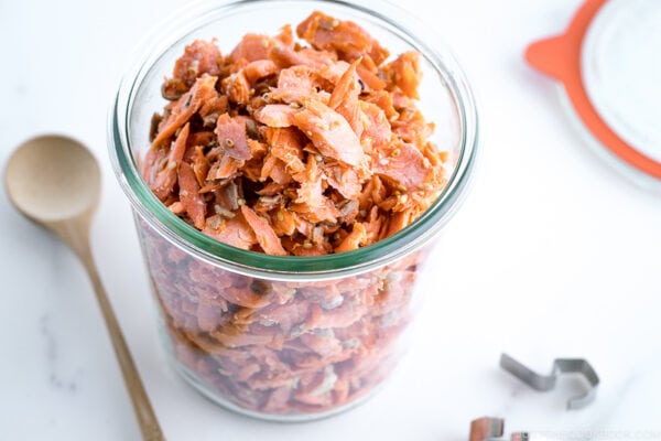 A weck jar containing homemade salmon flakes.