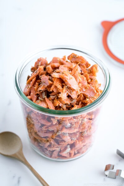 A weck jar containing homemade salmon flakes.