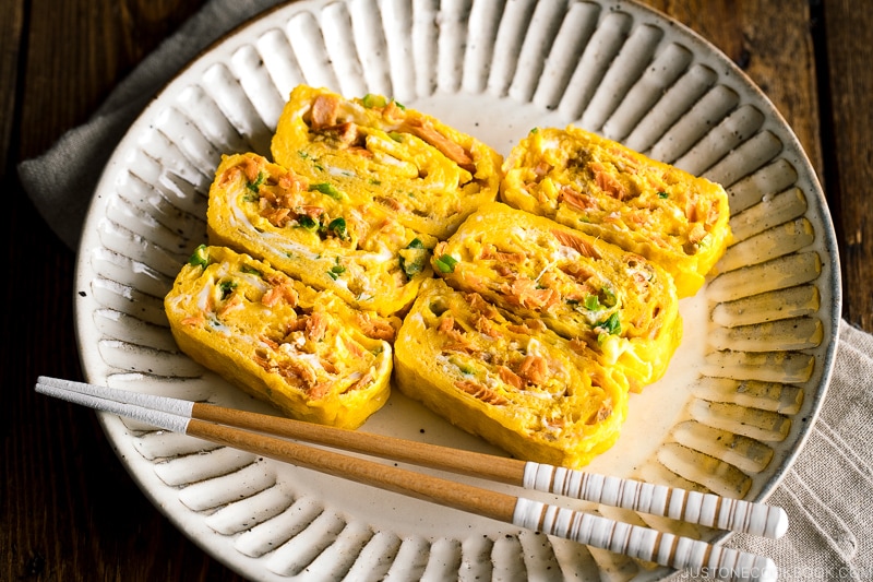 Tamagoyaki, Japanese rolled omelette with green onion and salmon flakes.