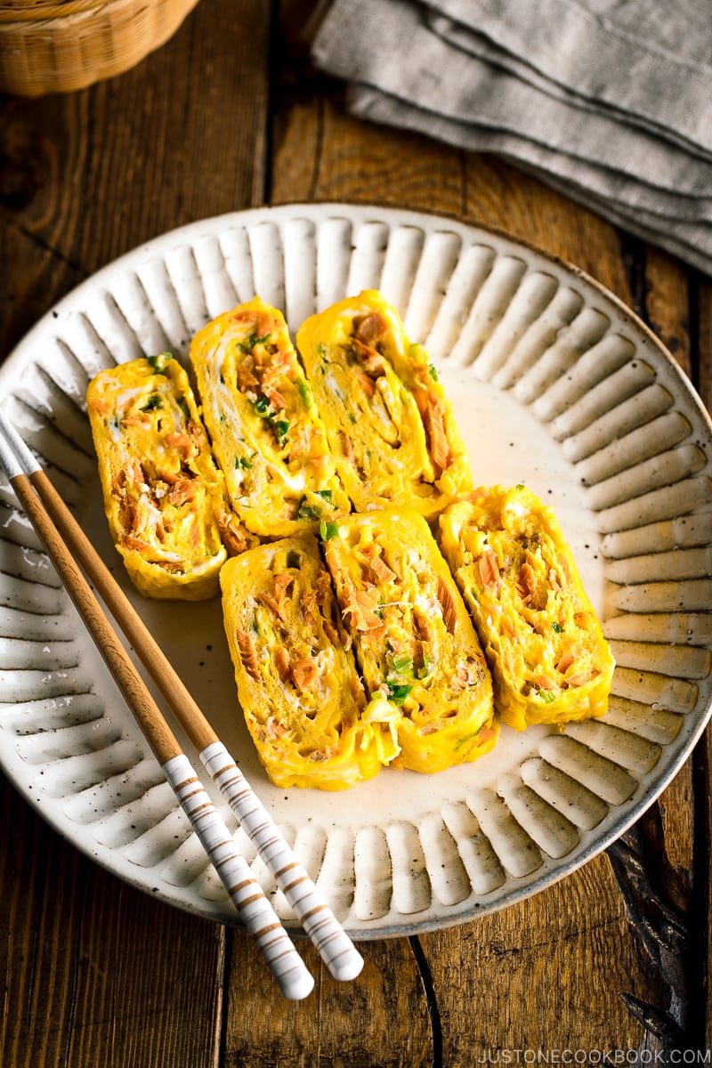 Tamagoyaki, Japanese rolled omelette with green onion and salmon flakes.