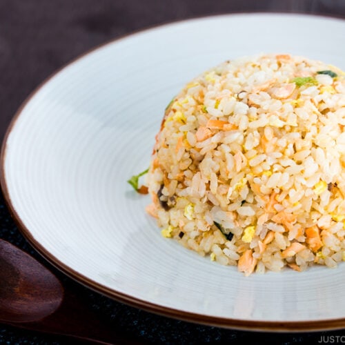Salmon Fried Rice on a white plate.
