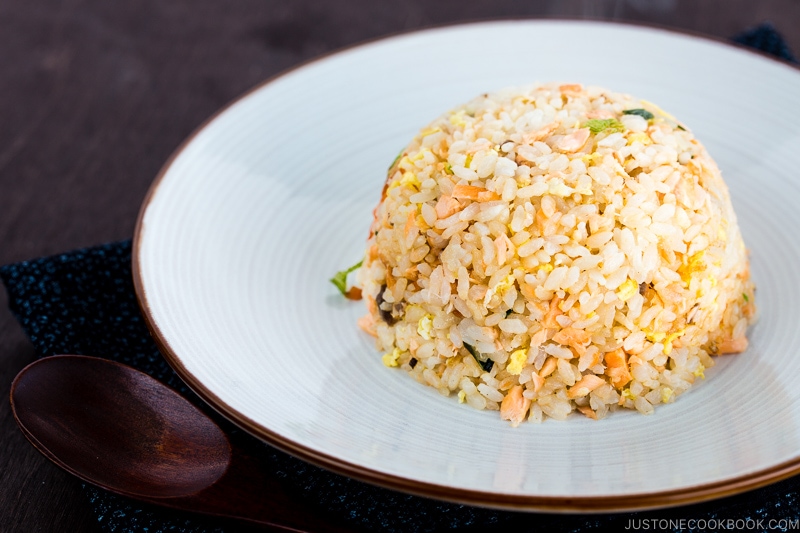 Salmon Fried Rice on a white plate.