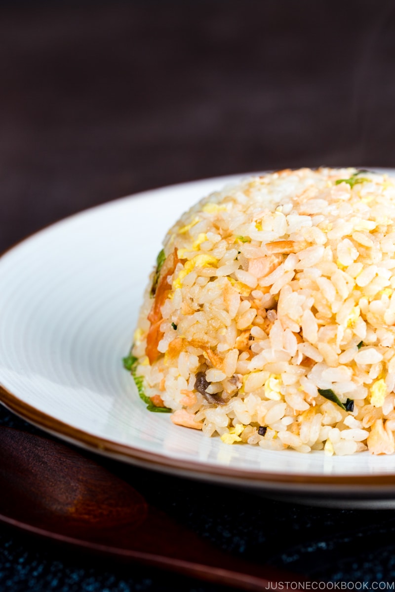 Salmon Fried Rice on a white plate.