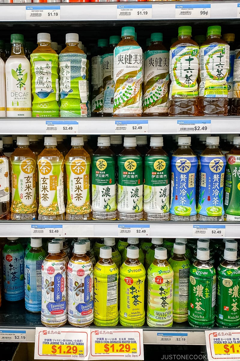bottled green tea on supermarket shelf