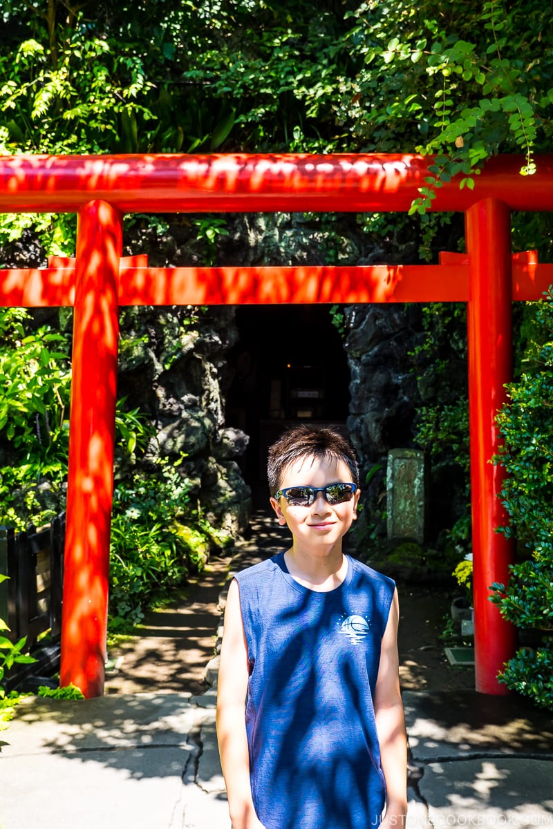 a boy standing in front of torii gate