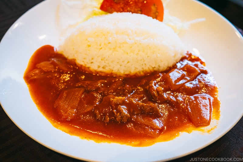 beef curry on a white plate