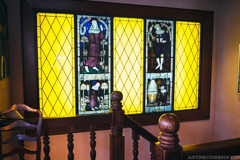 stained glass depicting European scenery