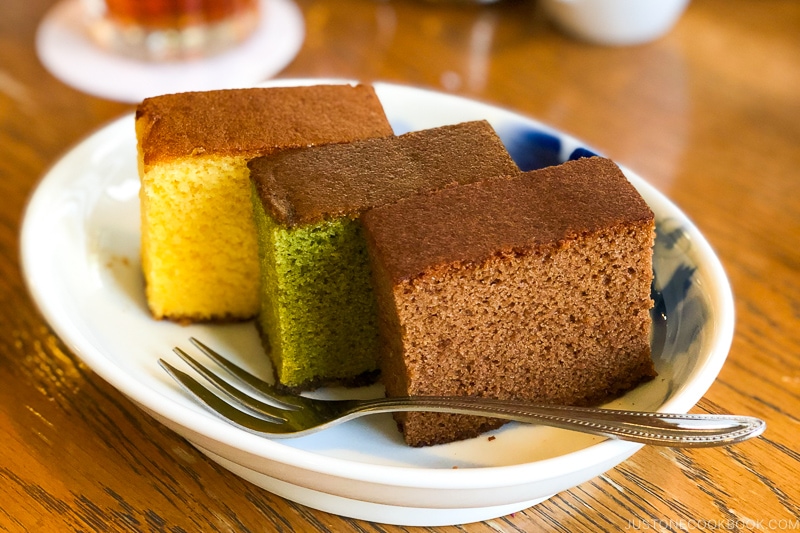 chocolate, matcha, and regular castella cake