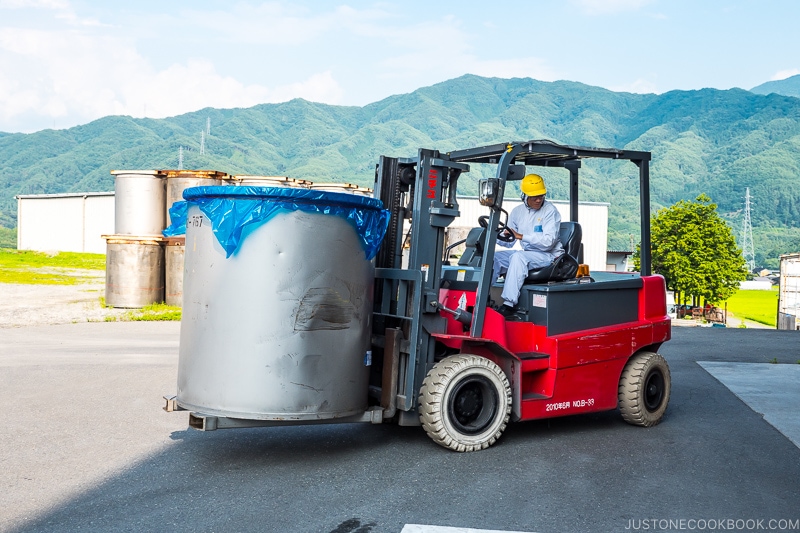 miso container on a fork lift