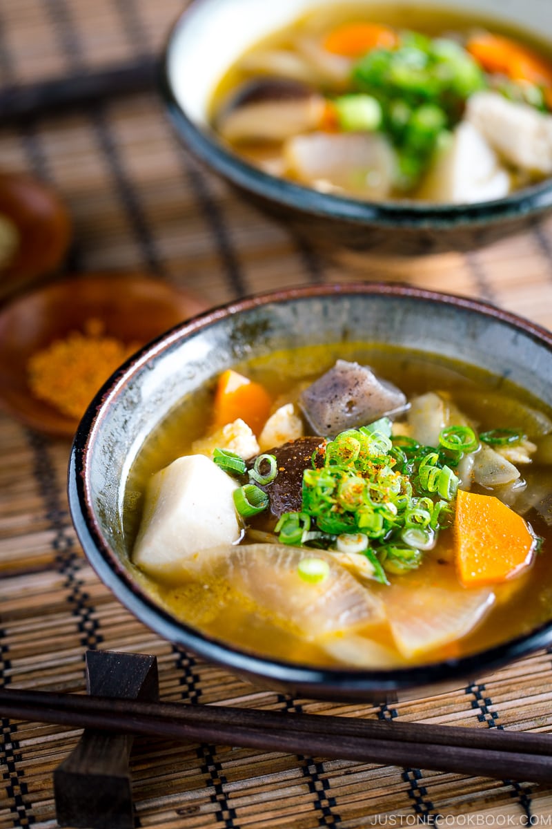 Handmade ceramic bowls containing Kenchinjiru (Japanese Vegetable Soup)