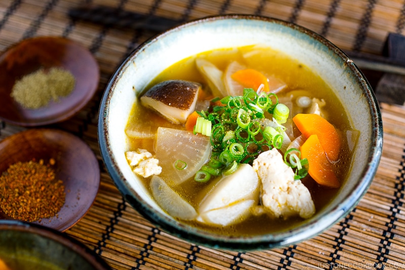 Handmade ceramic bowls containing Kenchinjiru (Japanese Vegetable Soup)