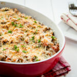 A baking dish containing Meat Doria (Japanese Rice Gratin).