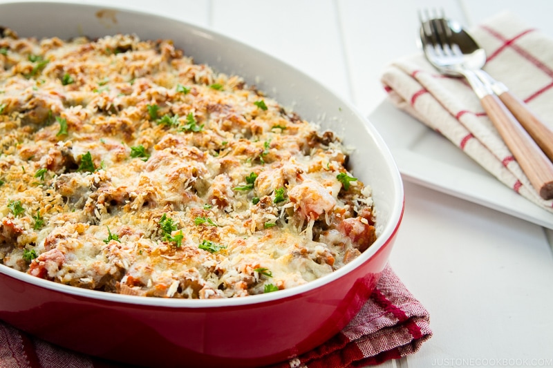 A baking dish containing Meat Doria (Japanese Rice Gratin).