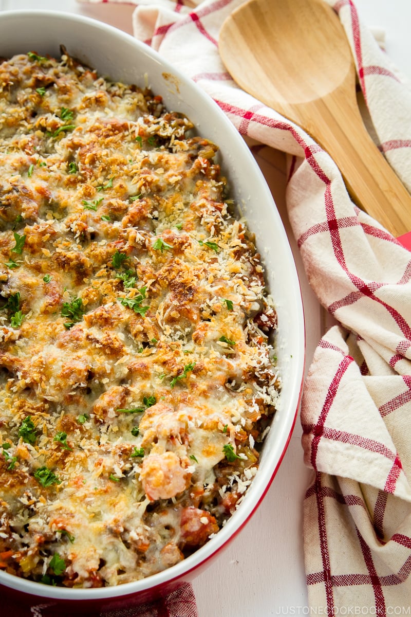 A baking dish containing Meat Doria (Japanese Rice Gratin).