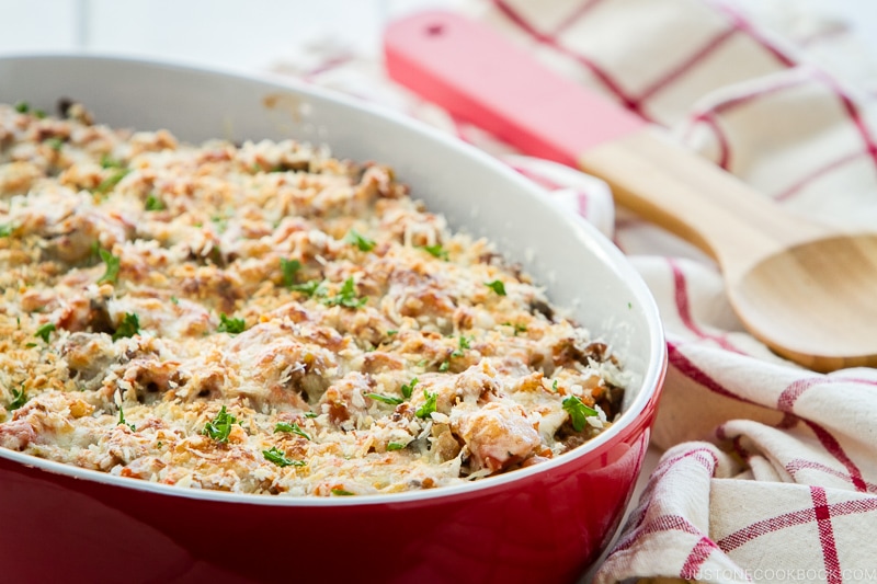 A baking dish containing Meat Doria (Japanese Rice Gratin).