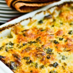 A baking dish containing Potato Leek Gratin.