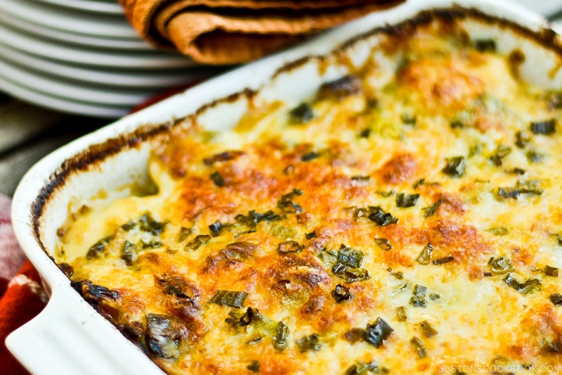 A baking dish containing Potato Leek Gratin.