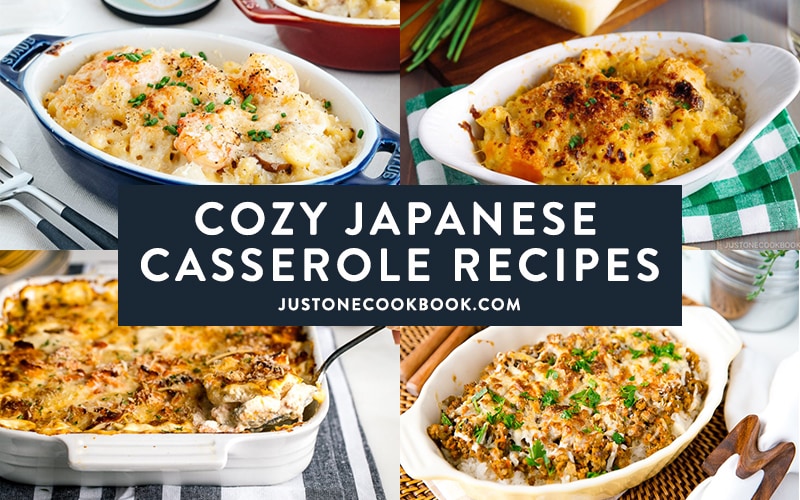 collage of japanese casserole recipes featuring macaroni gratin, salmon potato gratin and more