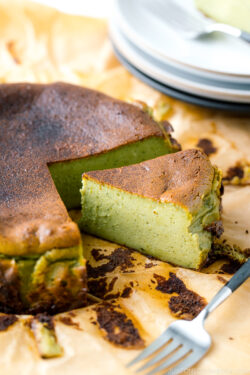 A Matcha Basque Burnt Cheesecake on top of the parchment paper.