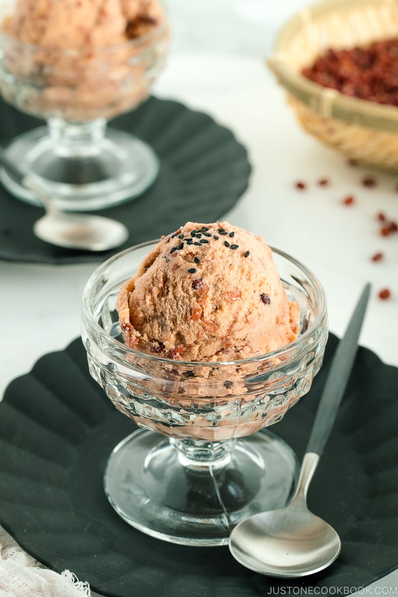 A glass ice cream server containing Azuki Red Bean Ice Cream.