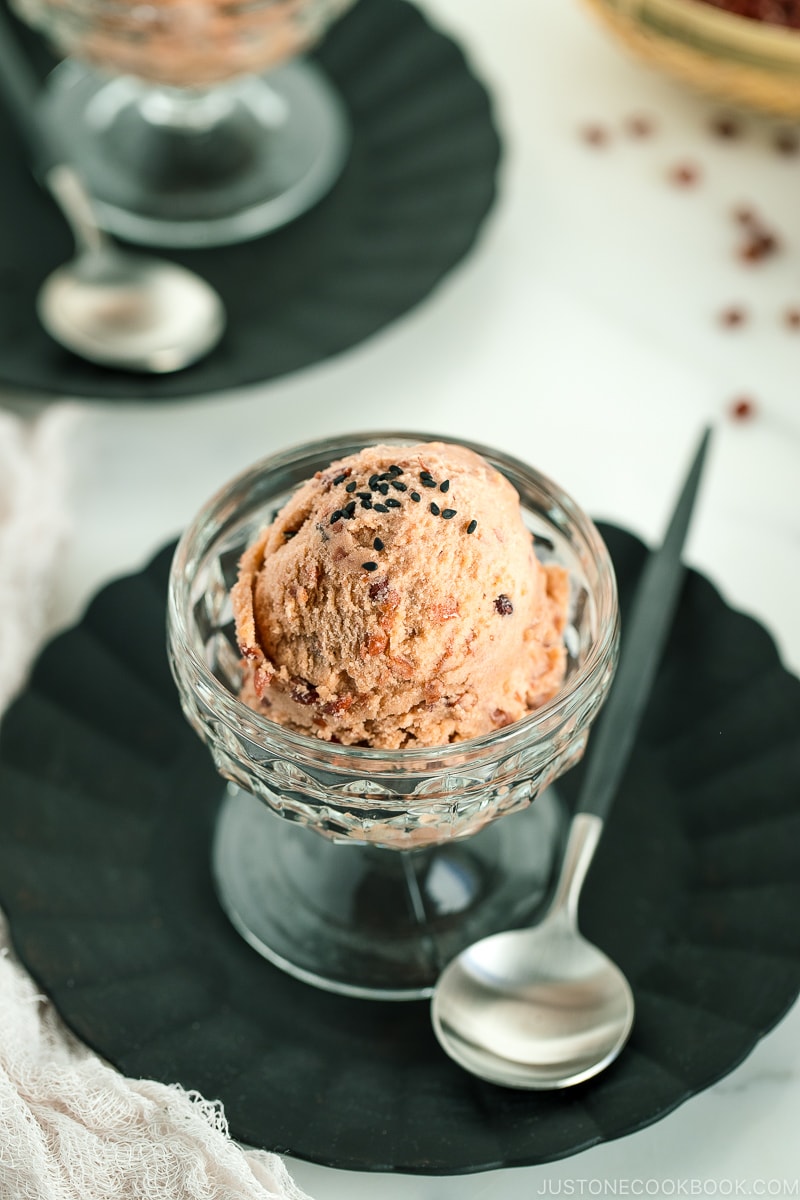 A glass ice cream server containing Azuki Red Bean Ice Cream.