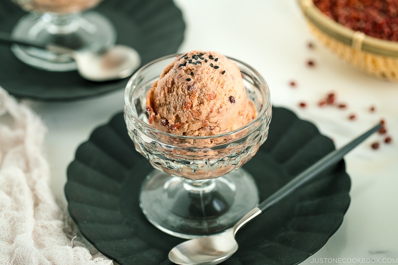 A glass ice cream server containing Azuki Red Bean Ice Cream.