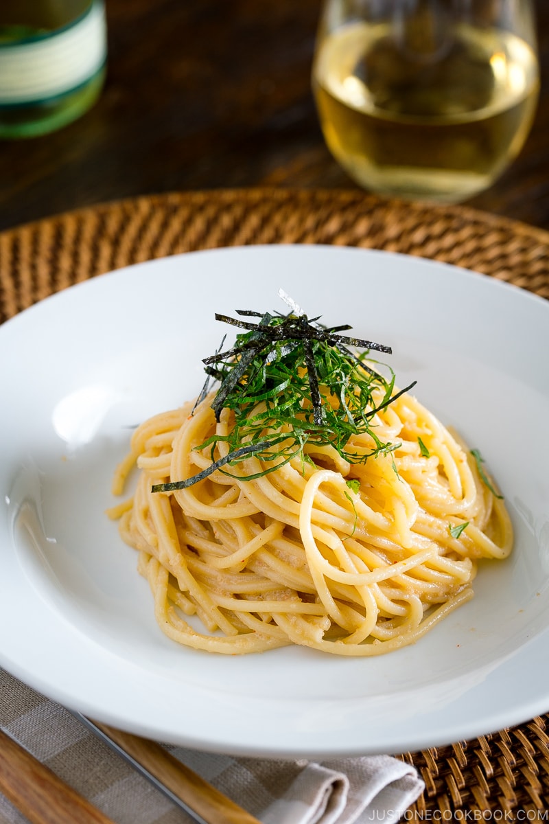 A white plate containing Classic Mentaiko Pasta.