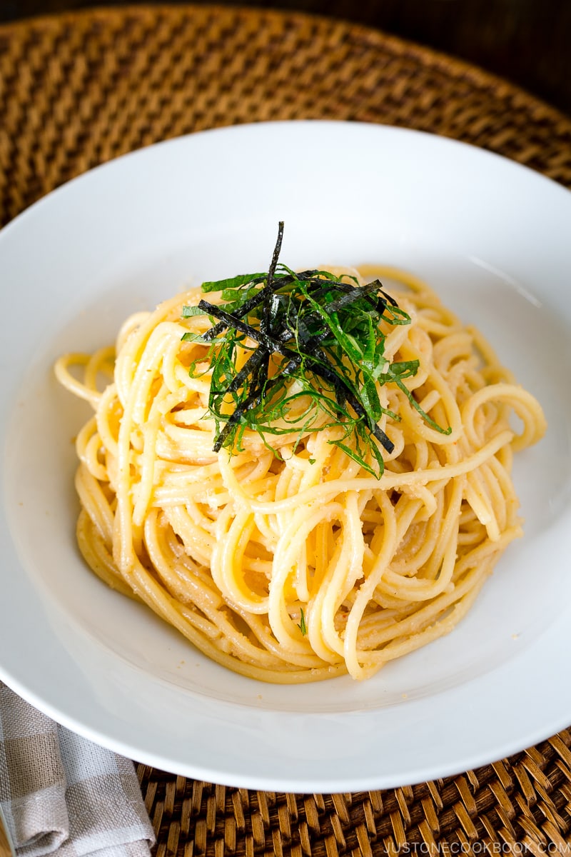 A white plate containing Classic Mentaiko Pasta.