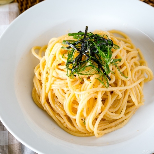 A white plate containing Classic Mentaiko Pasta.