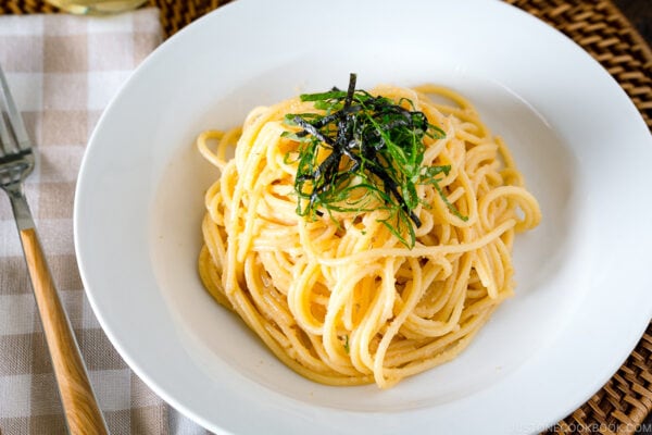 A white plate containing Classic Mentaiko Pasta.