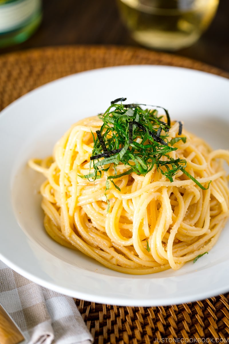A white plate containing Classic Mentaiko Pasta.