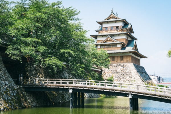 bridge over a moat with Takashima Castle in the back