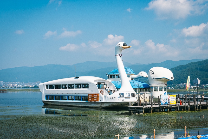 swan shaped boats next to a pier on a lake
