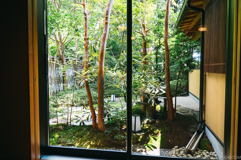 view of a Japanese garden through window