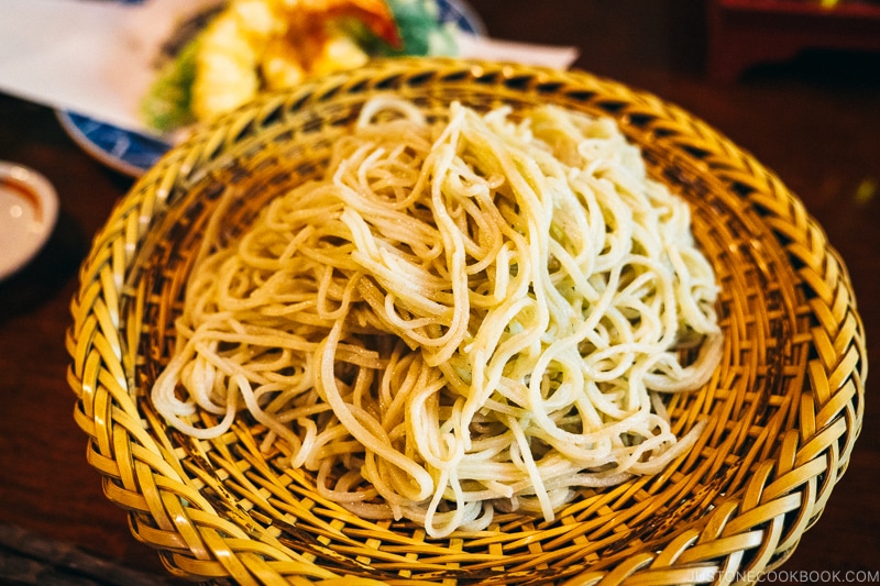 soba noodles on top of wood plate