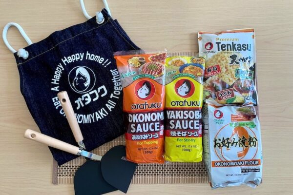 a gift set from Otafuku Foods that includes okonomi sauce, yakisoba sauce, spatula, apron