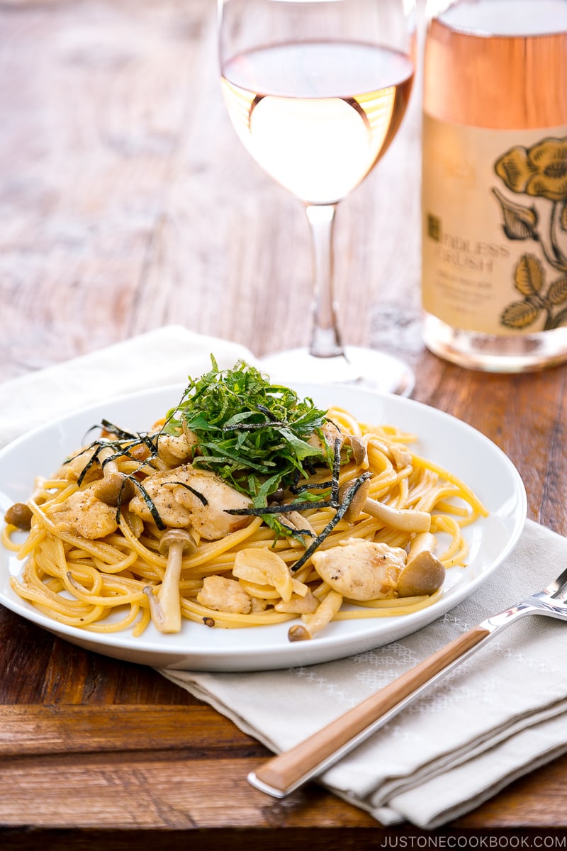 A white plate containing ume shiso pasta.