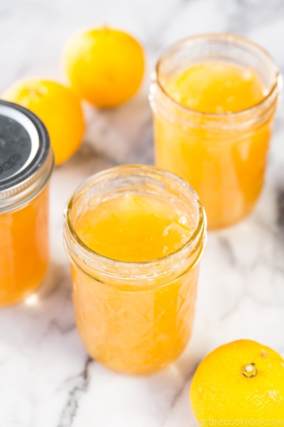 Yuzu marmalade in mason jars.