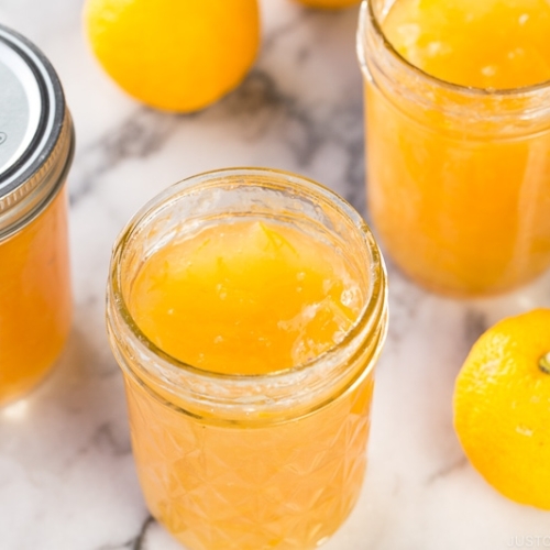 Yuzu marmalade in mason jars.