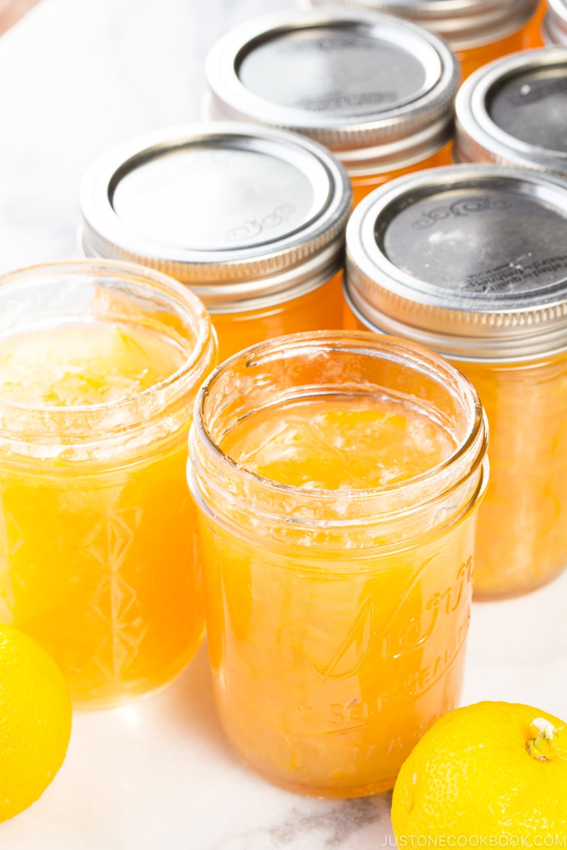 Yuzu marmalade in mason jars.