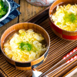 Wooden miso soup bowls containing Kakitamajiru, Japanese egg drop soup.