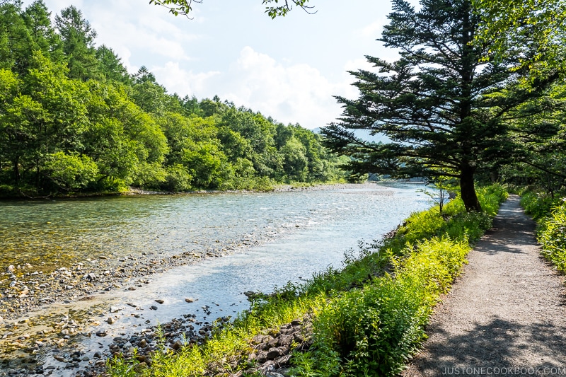 Azusa River with a walking path to the right and trees lining the left side