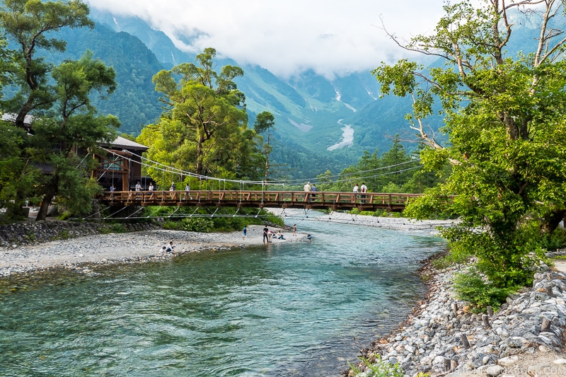 Kappa Bridge across Azusa River with mountain scenery in the background