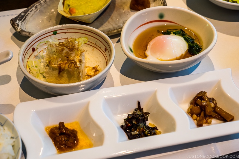 Japanese breakfast with food served in small dishes