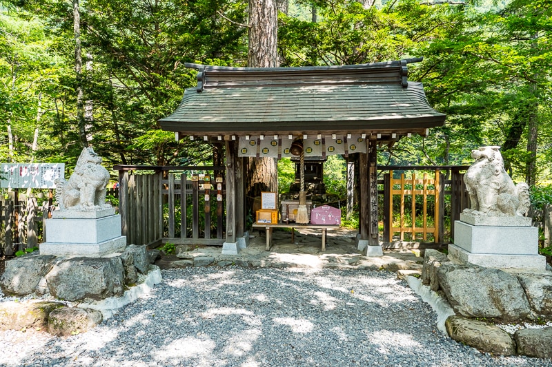 altar for worshipping with trees in the back and two stone lions on the side