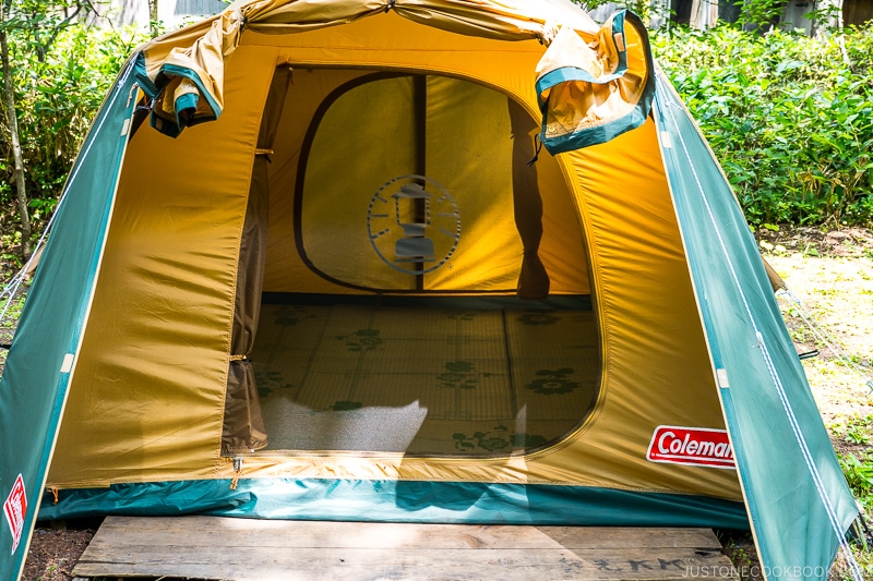 a Coleman tent set up with the front cover open