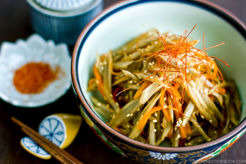 A bowl containing kinpira gobo (braised burdock root).