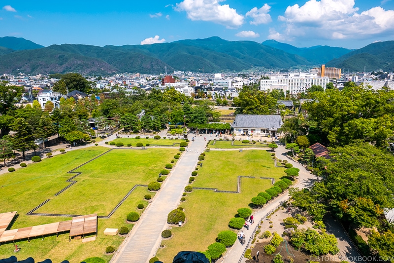 view of castle garden and mountains in the background