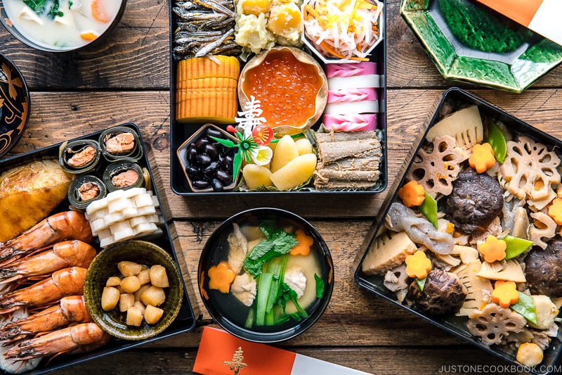 Osechi ryori in 3 tier boxes.