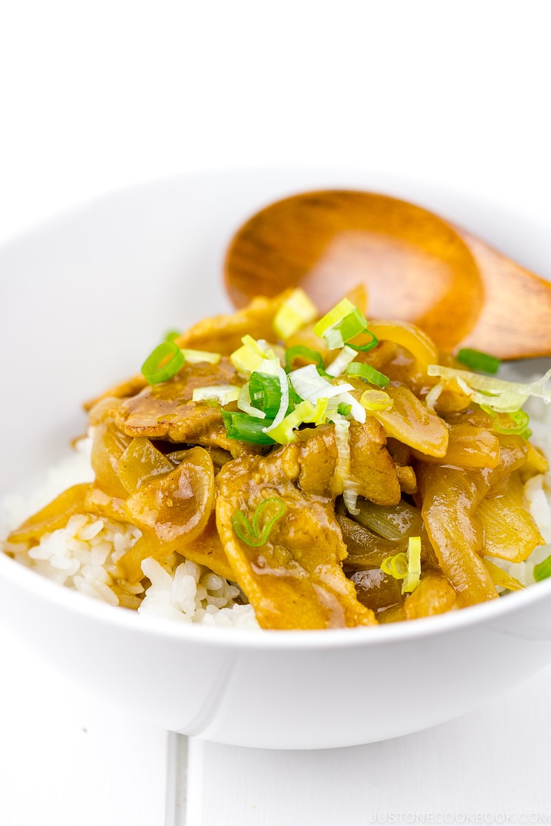 A white bowl containing pork curry over steamed rice.